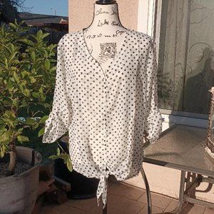 Light Semi-Sheer Black and White Polka Dot Career Dress Top 2X Roman 3/4 Sleeve